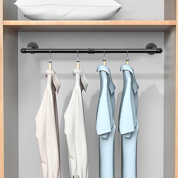 Industrial Iron Pipe Clothes Hanging Bar DIY Wall-Mounted Garment Rack Heavy - Image 8