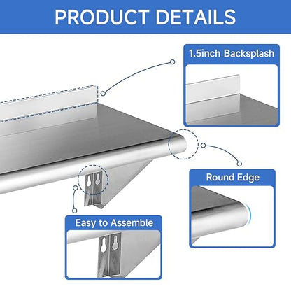 ROCKPOINT Stainless Steel Shelf 12 x 48 Inches 350lb, 2 Pack NSF Commercial - Image 7