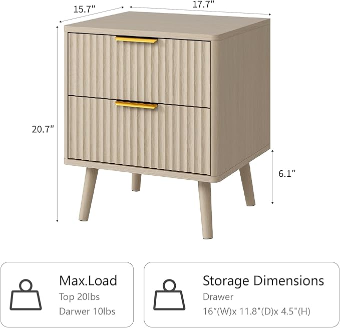 CARPETNAL Fluted Nightstand, Wood End Table Mid Century Night Stands - Image 2