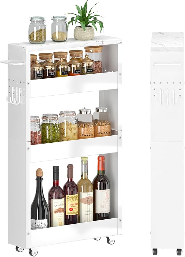 Slim Storage Cart, 5 in Width, 4-Tier White Rolling Cart by XYZLVSI