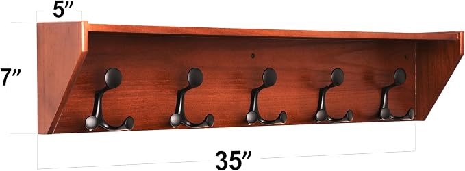 SKOLOO Wall Shelf with Hooks, 35-Inch Cherry Coat Rack Wall Mount with Shelf - Image 6