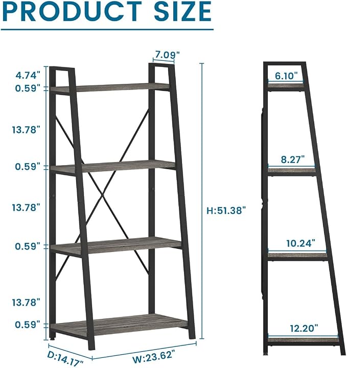 BON AUGURE Ladder Bookshelf, 4 Tier Ladder Shelf Bookcase, Wood Leaning Book - Image 2