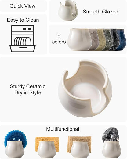 Sponge Holder for Kitchen Sink Counter, Ceramic Dish Sponge Caddy White Sink - Image 2