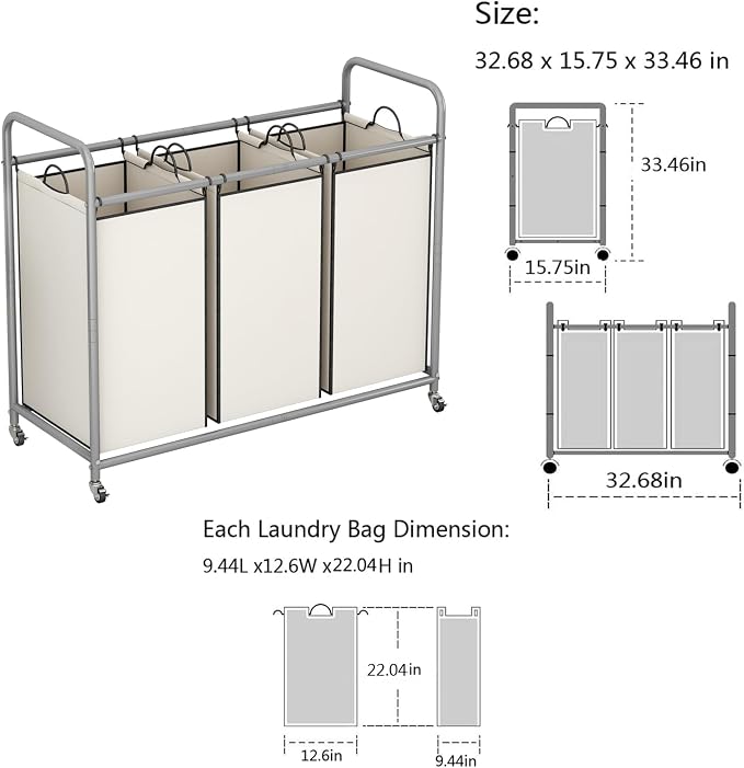 LINZINAR 3-Bag Laundry Sorter, Laundry Hamper Cart - Image 5