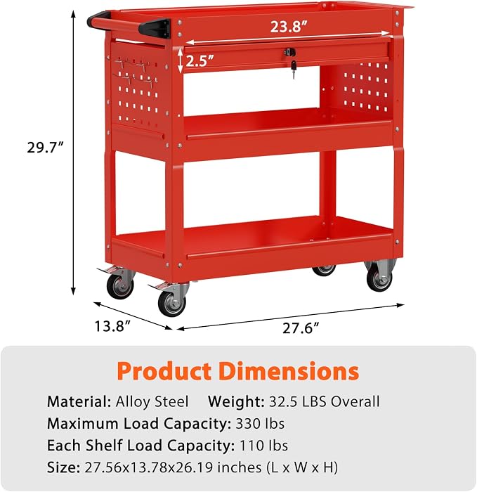 3 Tier Rolling Tool Cart with Drawers, Heavy Duty Utility Cart on Wheels - Image 7