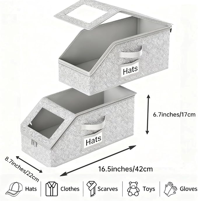 Space-Saving Hat Box with Clear Window Zipper Lid 2-Pack Stackable Closet Hat - Image 2