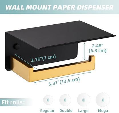 Toilet Paper Holder with Phone Shelf Black & Gold, APLusee 304 Stainless Steel - Image 8