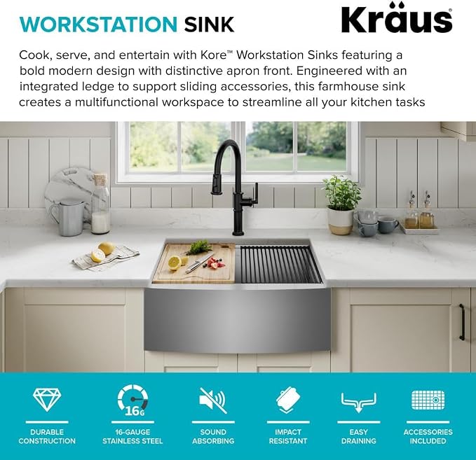 KRAUS Kore 27-Inch Farmhouse Workstation 16 Gauge Stainless Steel Kitchen Sink - Image 3