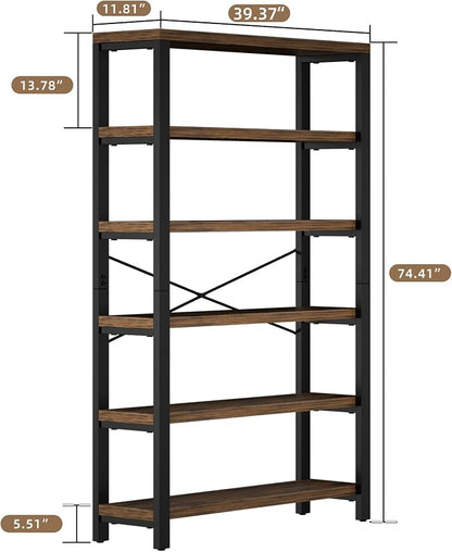 6-Tier 39.37" Wide Heavy Duty Bookshelf, Industrial Wood and Metal Bookshelf - Image 2