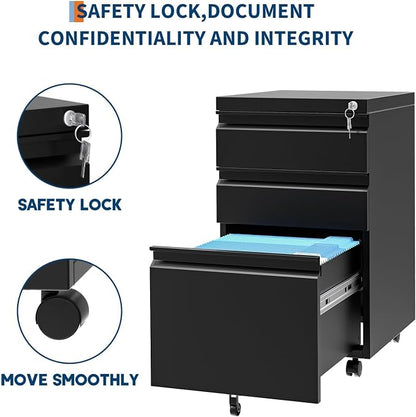 3 Drawer File Cabinet with Lock, Under Desk Metal Mobile Filing Cabinet with - Image 8