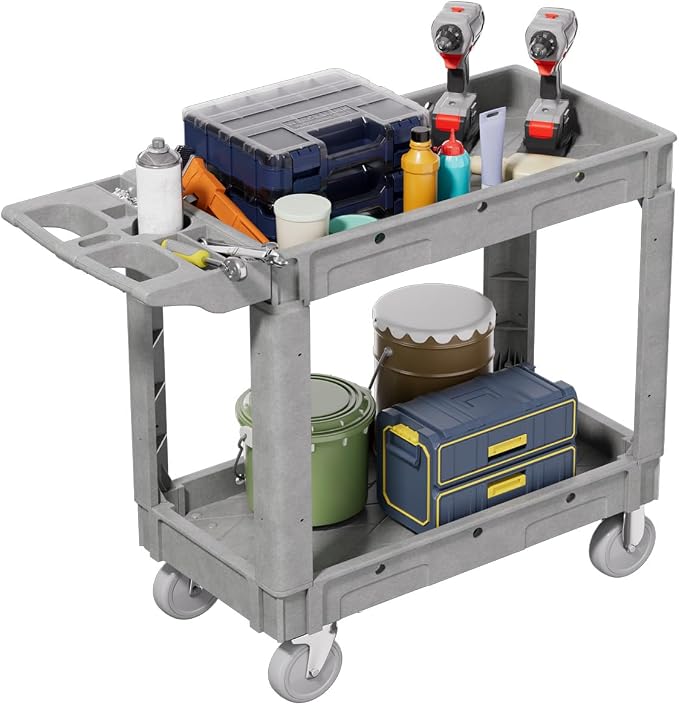 2 Tier Plastic Rolling Utility Cart on Wheels, Heavy Duty Tool Cart by Bettertoolsforbetterlife