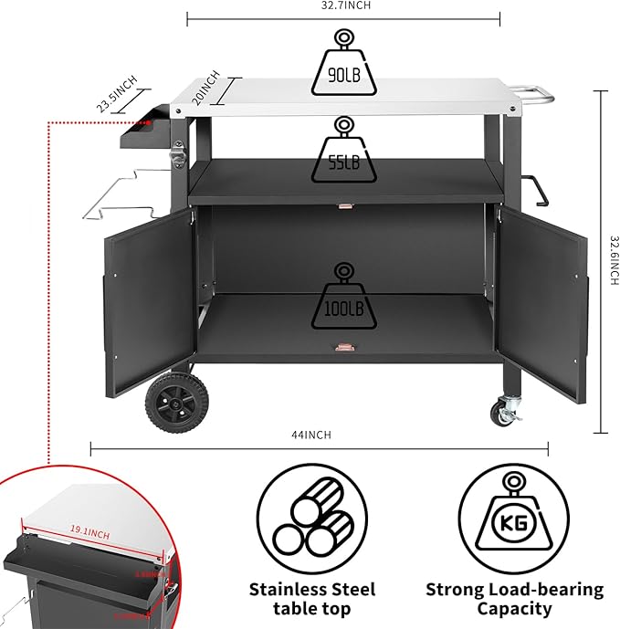 Dining Cart Table with Big Storage Cabinet, Movable Outdoor BBQ Grill Table - Image 5