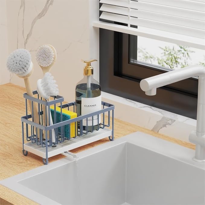 Cisily Blue Gray Sponge Holder for Kitchen Sink, Sink Caddy Organizer - Image 4