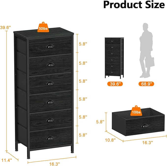 Furnulem Tall Dresser with 6 Drawers, Vertical Bedside End Table & Chest - Image 3