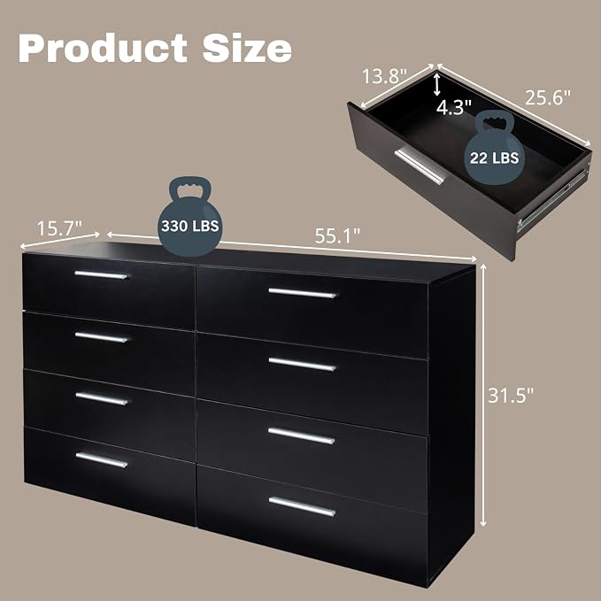 Karl home 8 Drawer Dresser, Wood Black Vanity Drawer Cabinet, Bedroom Storage - Image 2