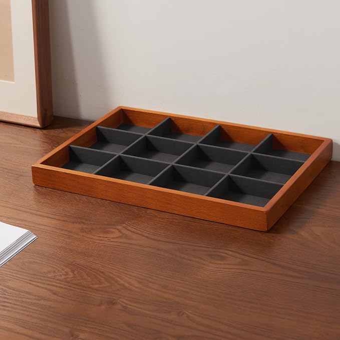 Oirlv 12 Grids Wood Jewelry Organizer Tray Stackable Jewelry Drawer Tray - Image 6