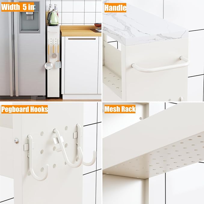 Slim Storage Cart, 5 in Width, 4-Tier White Rolling Cart - Image 7