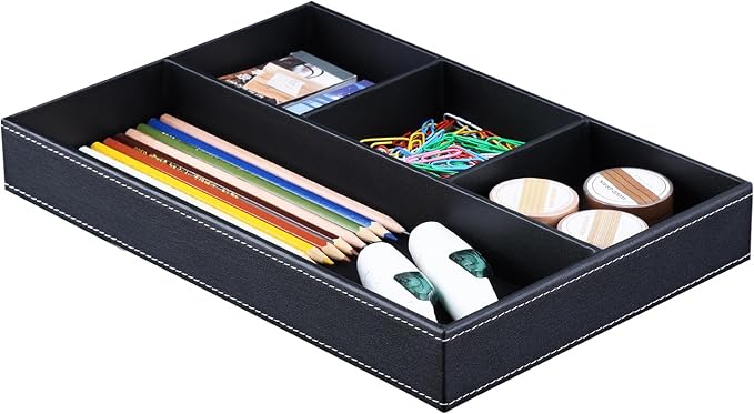 KINGFOM Pu Leather Desk Organizer Tray, 4 Compartment Office Storage Supplies - Image 3