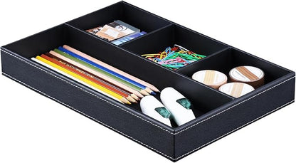 KINGFOM Pu Leather Desk Organizer Tray, 4 Compartment Office Storage Supplies - Image 3