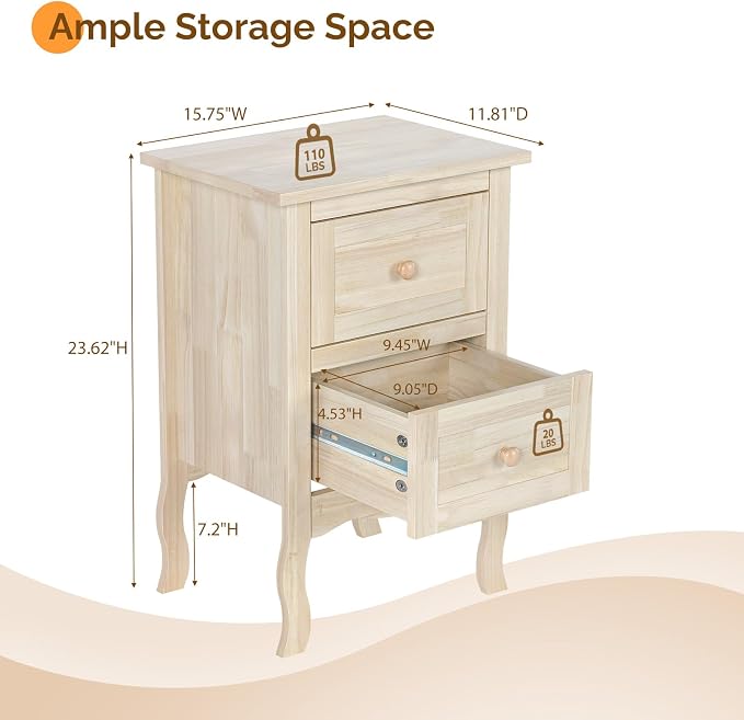 VINGLI Nightstands Set of 2, Unfinished Solid Wood Nightstand Color DIY - Image 2