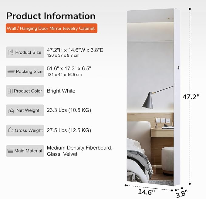 GISSAR Full Length Mirror Jewelry Cabinet, 6 LEDs Jewelry Armoire Wall Mounted - Image 5