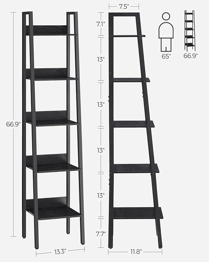 VASAGLE Bookshelf, 5-Tier Narrow Book Shelf, 11.8 x 13.3 x 66.9 Inches - Image 3