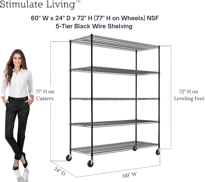 60"x24"x72" PRIME HEAVY DUTY Black 5-Tier Wire Shelving NSF 3000 LBS MAX - Image 5