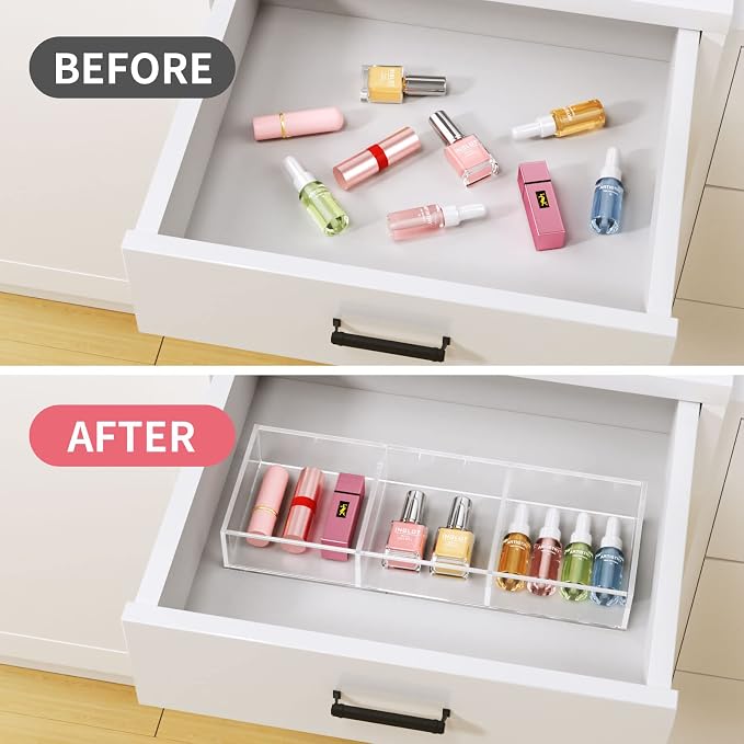 HIIMIEI 3 Section Clear Acrylic Drawer Organizer Tray, Office & Makeup Drawer - Image 4