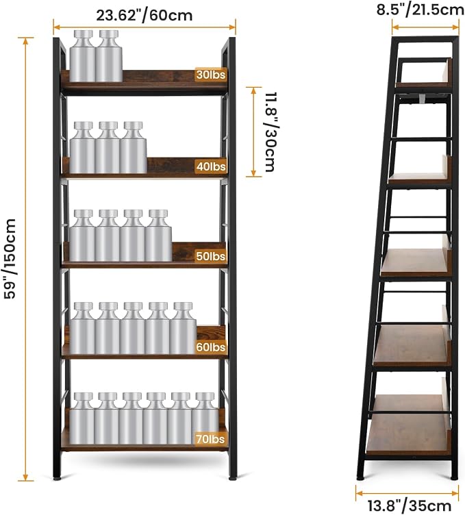 Himimi Ladder Shelf Set of 2, 5-Tier Ladder Bookcase, Industrial Bookshelf Wood - Image 3