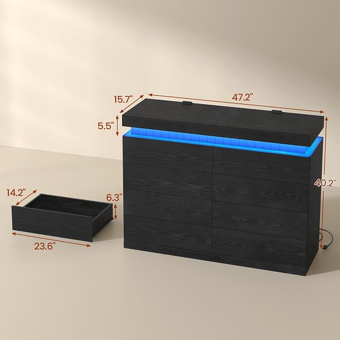 Tall Black 8 Dresser for Bedroom, Sliding Top Storage Space, Modern Wood Drawers - Image 2