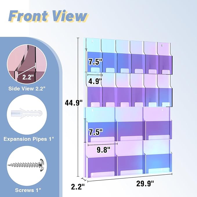 Iridescent Acrylic Wall Mounted Brochure Holder, 6 Magazine Holders and 12 - Image 2