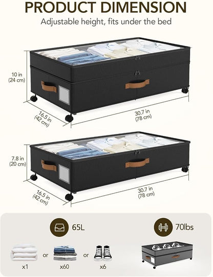 Under Bed Storage with Wheels, 10 inches Under Bed Storage Containers, 65L XXL - Image 2