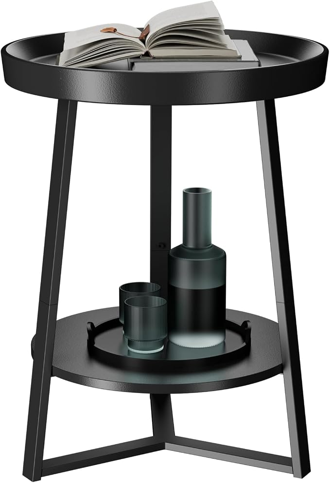 Gadroad Round End Table with Storage Shelf, 2 Tier Farmhouse Side Table by Gadroad