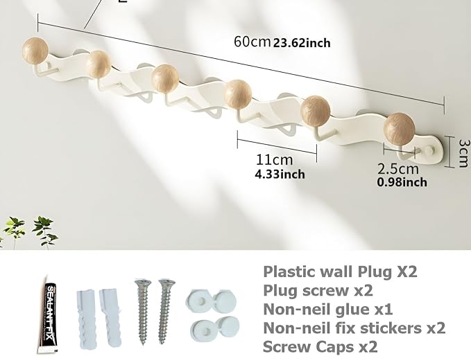 Coat Rack Wall Mount, Anti-Tear Wooden Ball Hook Rail, Heavy Duty Metal Coat - Image 2