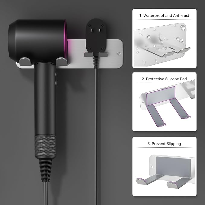 Hair Dryer Holder Wall Mounted, New Upgrade Stainless Steel Self Adhesive Blow - Image 3