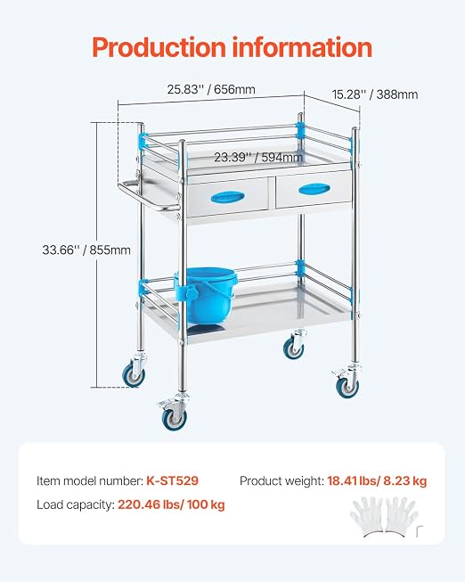 VEVOR Lab Serving Cart Utility Cart Stainless Steel Medical Cart - Image 7