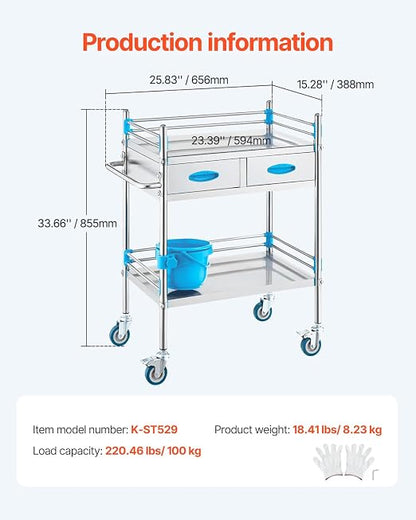 VEVOR Lab Serving Cart Utility Cart Stainless Steel Medical Cart - Image 7