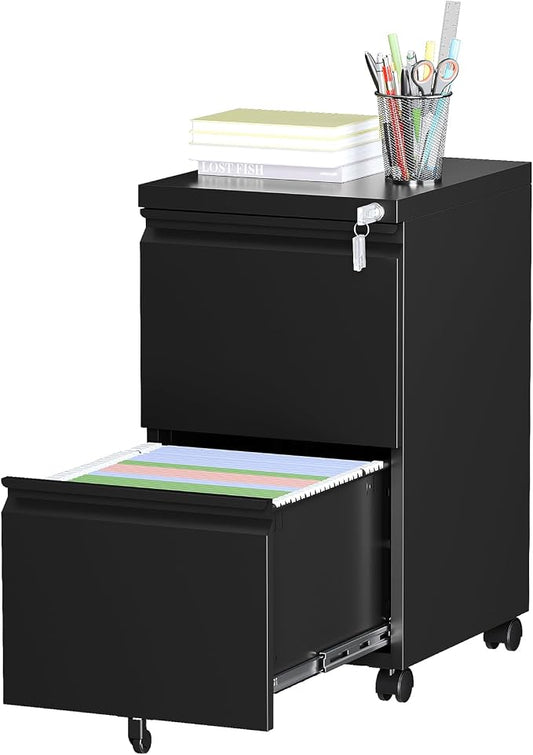 2 Drawer Locking Under Desk Metal Storage Cabinet on Wheels by LISSIMO