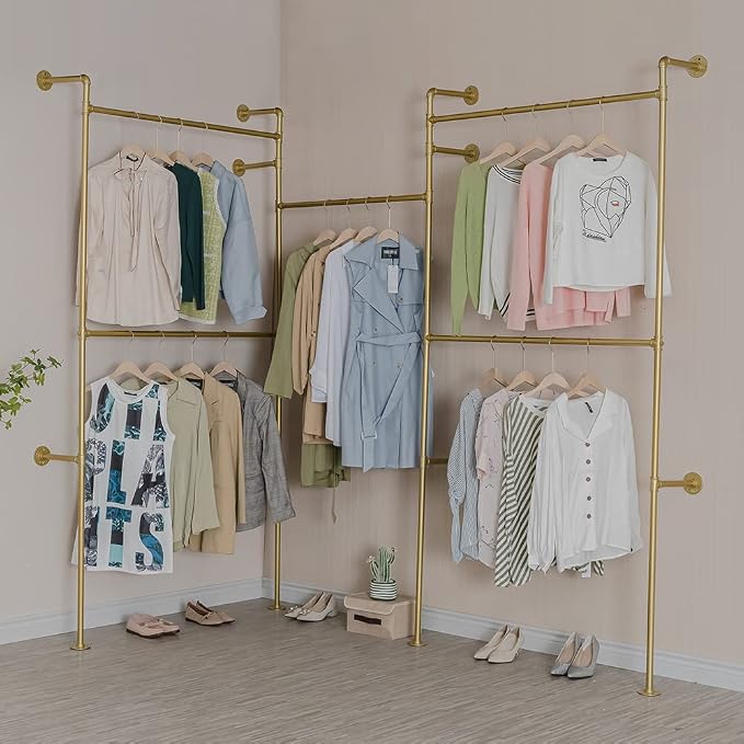 Industrial Pipe Clothing Rack Wall Mounted 5 Hanging Rods Garment Bar, Heavy - Image 8