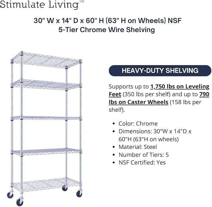 30"x14"x60" PRIME HEAVY DUTY Chrome 5-Tier Wire Shelving 1, 750 LBS MAX - Image 4