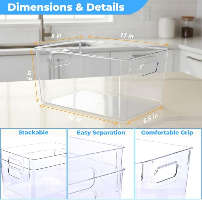 MOONEDGE 4 Pack Open Clear Plastic Storage Bins 11"x8"x6" Stackable Organizer - Image 2
