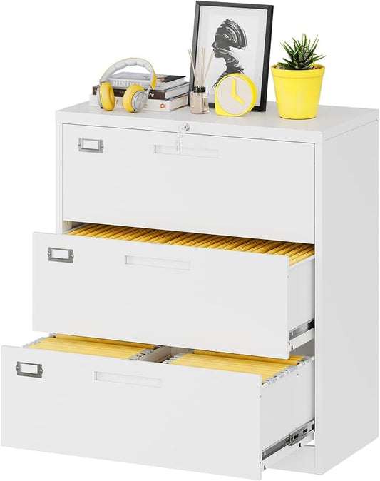 Lateral File Cabinet with Lock, 3 Drawer Large Metal Filing Cabinet, Home by Fesbos