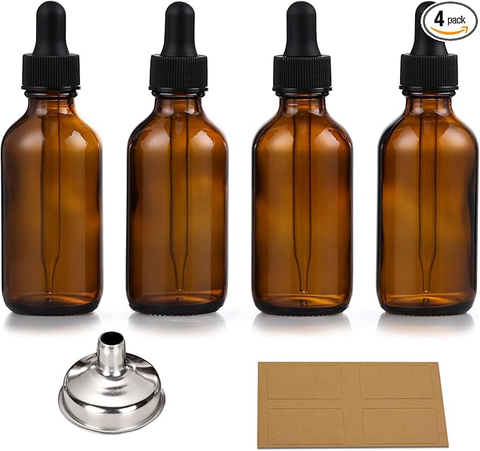 4 Pack, 1 oz Thick Dark Amber Glass Dropper Bottles - 30ml Tincture Bottles by AOZITA