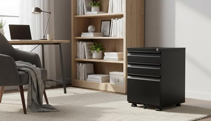 Black Metal 3-Drawer Mobile File Cabinet - Image 3