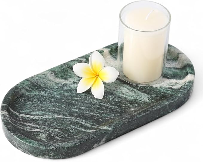 Koville Green Marble Tray for Bathroom Countertop, Stone Jewelry Dish Candle by Koville