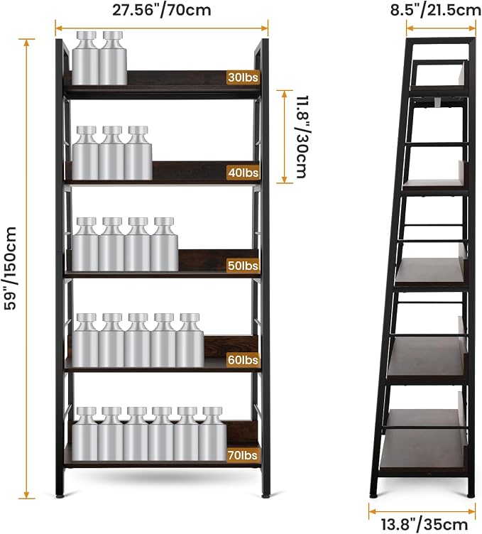 Himimi Industrial Ladder Shelf, Rustic 5 Tier Leaning Bookshelf, Wood Metal - Image 3
