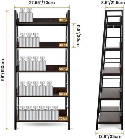Himimi Industrial Ladder Shelf, Rustic 5 Tier Leaning Bookshelf, Wood Metal - Image 3