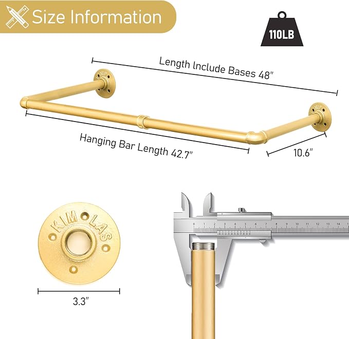 48” Gold Wall Mounted Clothes Rack, Industrial Pipe Iron Garment Bar, - Image 3