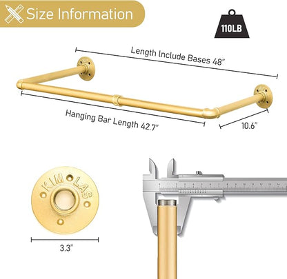 48” Gold Wall Mounted Clothes Rack, Industrial Pipe Iron Garment Bar, - Image 3