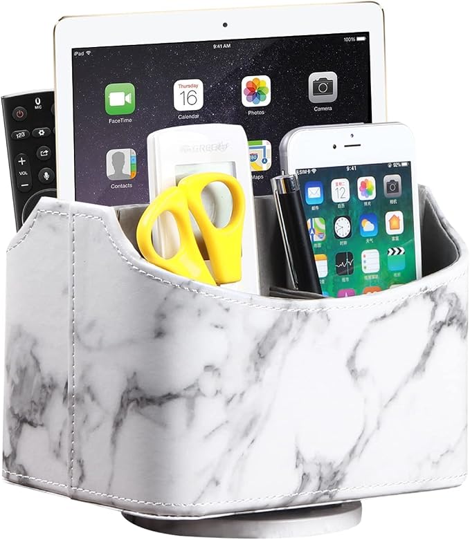 YAPISHI White Marble Leather Remote Control Holder, 360 Degree Spinning Desk TV by YAPISHI